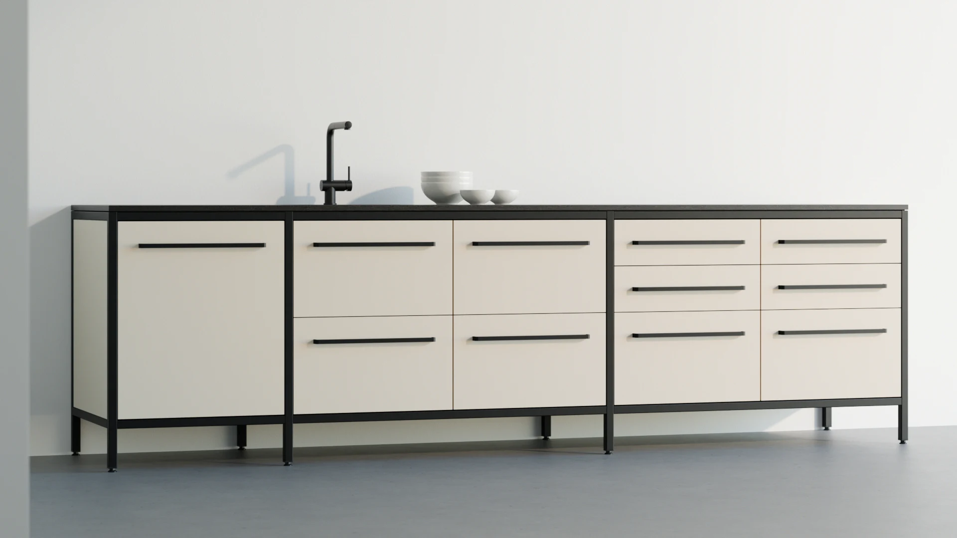 keep Wandmodul in Creme mit schwarzem Metallrahmen und Spülbecken